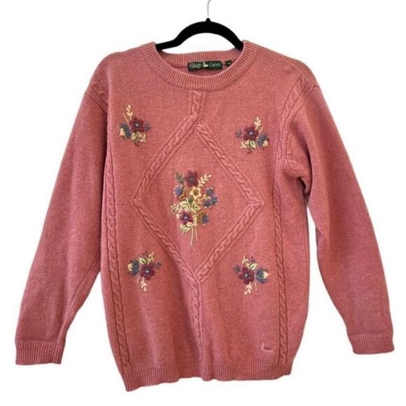 Vintage Village Green Floral Embroidery Wool Blend Sweater Pink Women’s Size Med - Picture 1 of 6